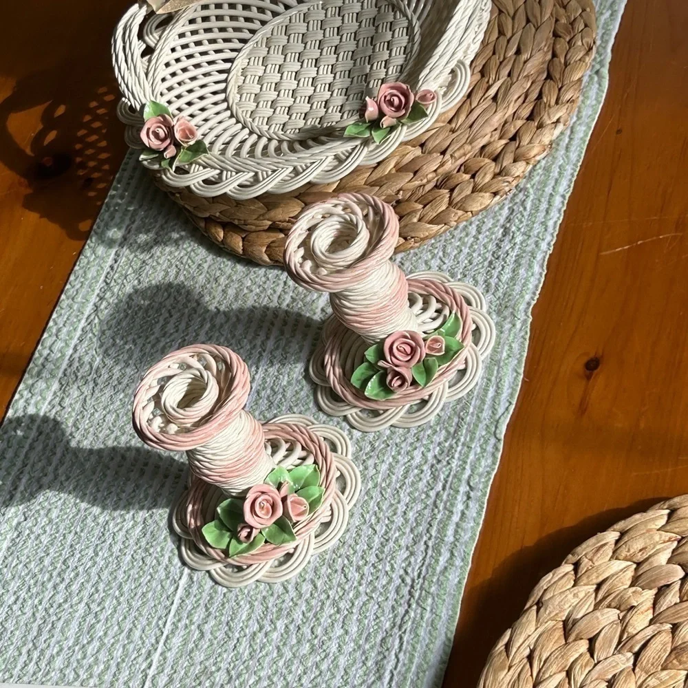 Whimsical Candlesticks Pair of 2 Rose Adorned Cream Pink 1991 Belleek Bev Sparks